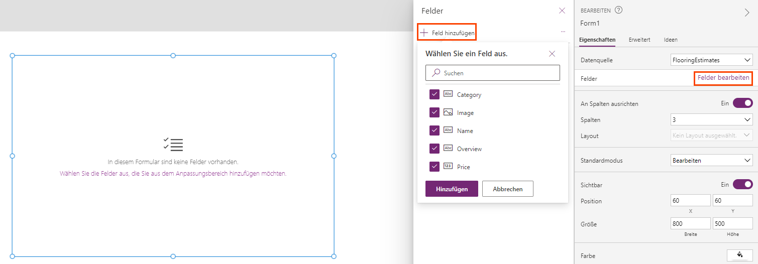 Screenshot von Power Apps Studio mit Schaltfläche „Felder bearbeiten“