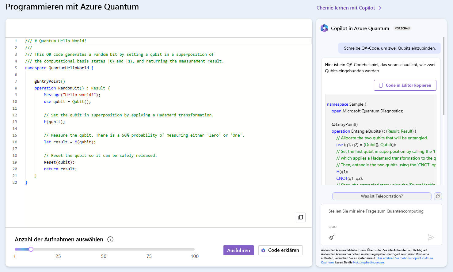 Screenshot von Copilot in Azure Quantum mit einem Beispiel und der Antwort von Copilot auf eine Frage zum Generieren von neuem Code.