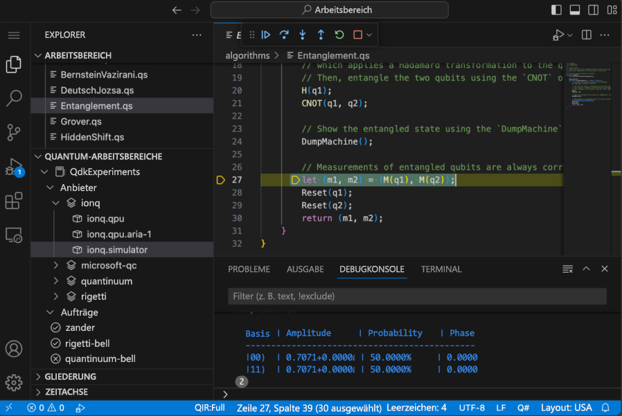 Screenshot der QDK-Erweiterung in Visual Studio Code.