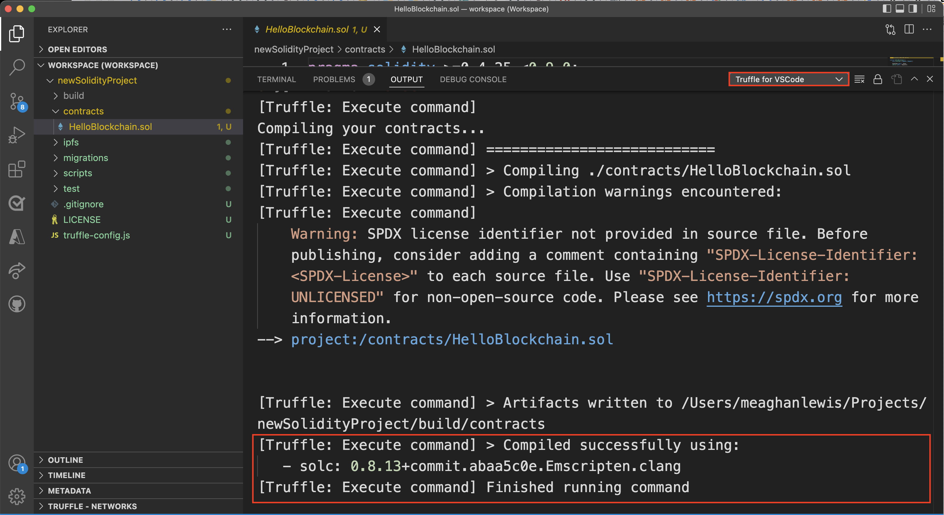 Screenshot showing output information about the compiled contract. The Truffle menu item is selected.
