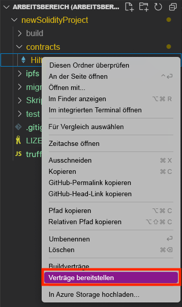 Screenshot showing the Explorer pane. In the shortcut menu, the Deploy Contracts command is selected.