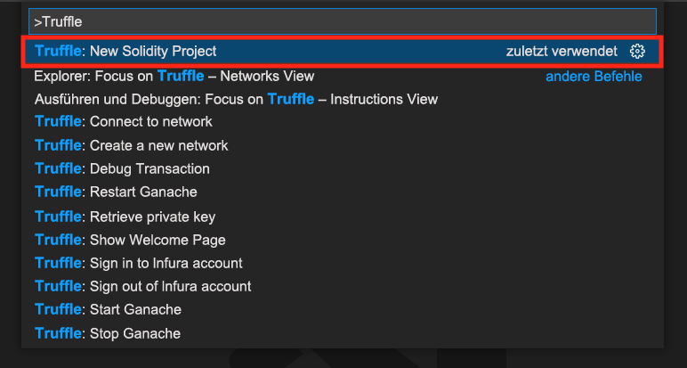 Screenshot showing how to create a new Solidity project in Visual Studio Code.