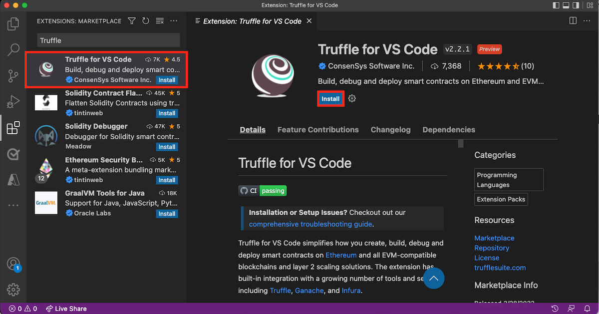 Screenshot showing how to install the Truffle for VS Code extension.
