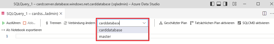 Screenshot showing how to ensure that you are connected to the carddatabase Azure SQL Database using the Database dropdown.