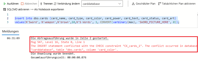 Screenshot showing how the query violated the rule for card_color by passing in brown.