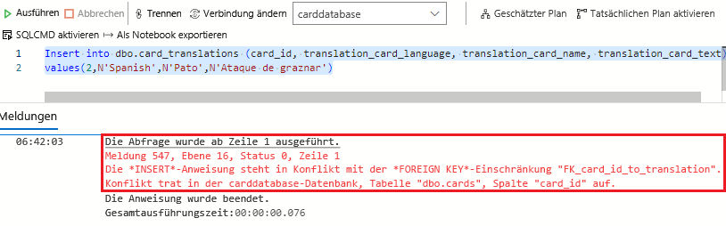 Screenshot showing how a foreign key prevents the insert with a card_id not in the cards table.