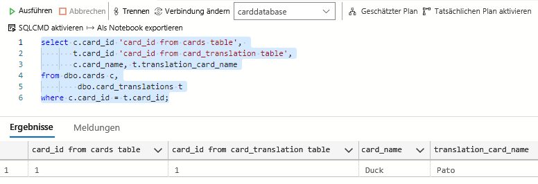 A screenshot showing query results from the joined cards and card_translations tables.