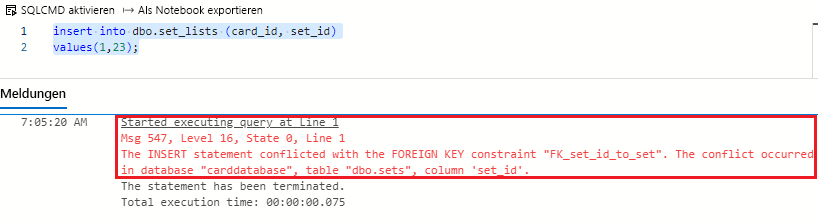 A screenshot showing how an insert into set_lists table was blocked by foreign key violations.