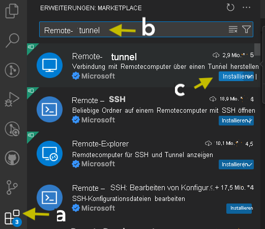 Screenshot der Suche nach Remote – Tunnels in Erweiterungen: Marketplace.