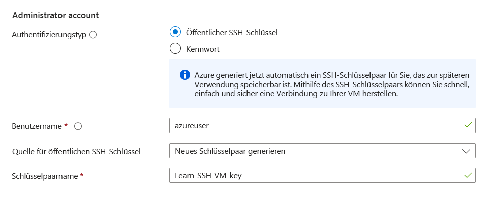 Screenshot mit den Standardwerten des Abschnitts „Administratorkonto“ während der VM-Erstellung in Azure.