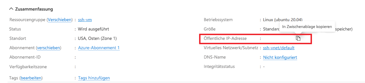 Screenshot, der zeigt, wie die öffentliche IP-Adresse der neu erstellten VM kopiert wird.