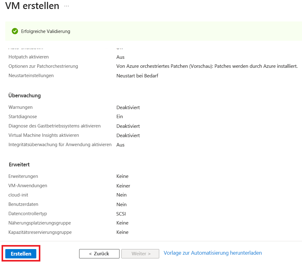 Screenshot, der die Aktion „Erstellen“ für die überprüfte VM zeigt.