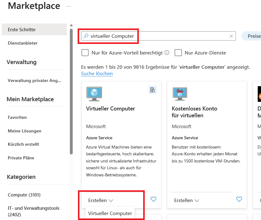 Screenshot, der zeigt, wie Sie im Azure-Portal nach einer virtuellen Computerressource suchen und sie erstellen.