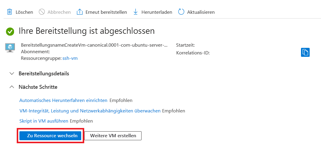 Screenshot, der die Aktion „Zu Ressource wechseln“ zeigt, nachdem die VM erstellt wurde.