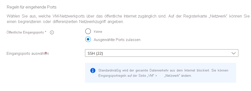 Screenshot der Regeln für den eingehenden Port zum Einrichten eines eingehenden Ports für SSH.