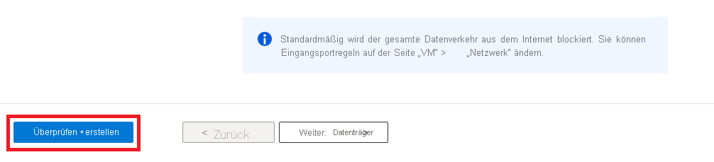 Screenshot mit hervorgehobener Option „Überprüfen und erstellen“ während der VM-Erstellung.