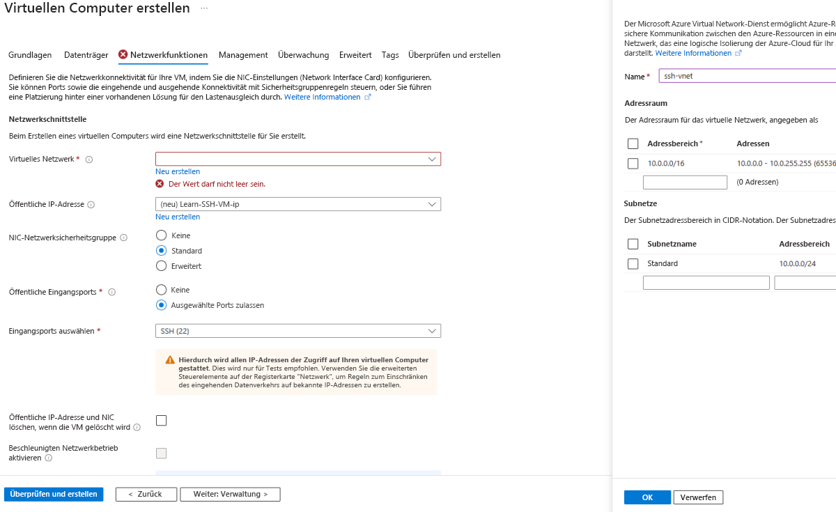 Screenshot des Überprüfungsschritts zum Erstellen eines neuen virtuellen Netzwerks für die VM.