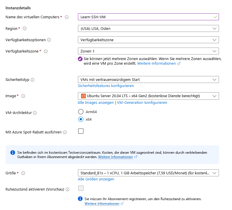 Screenshot mit Details der zu erstellenden Azure-VM.