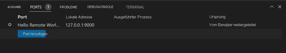 Screenshot der Portweiterleitungsfunktion in Visual Studio Code.