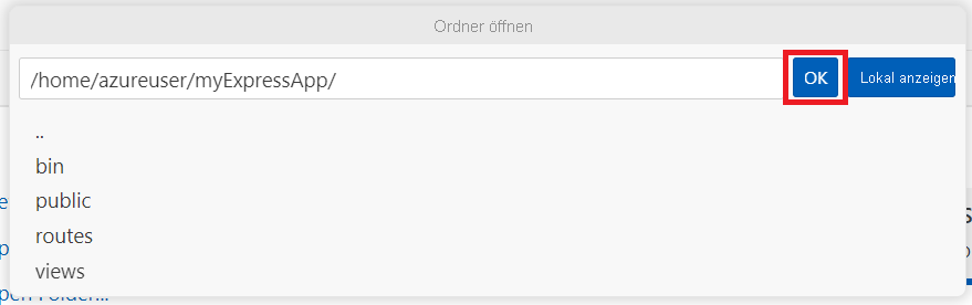 Screenshot, der die Bestätigung des Öffnens des Ordners „myExpressApp“ zeigt.