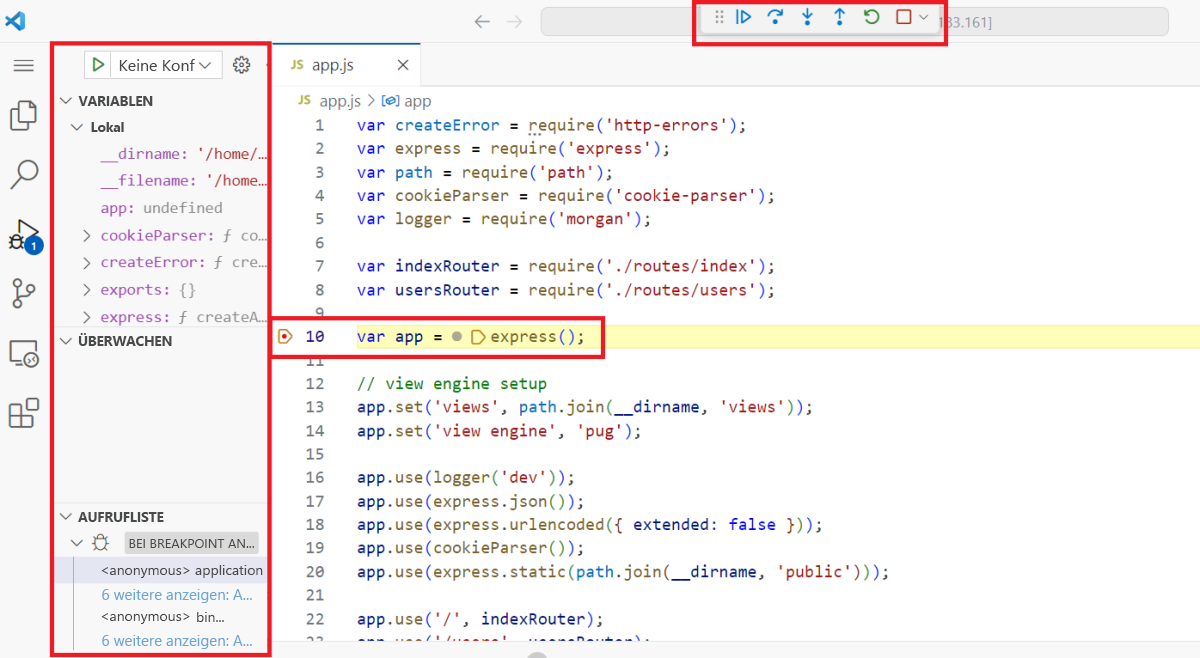 Screenshot, der verschiedene Teile der Oberfläche zum Debuggen hervorhebt.