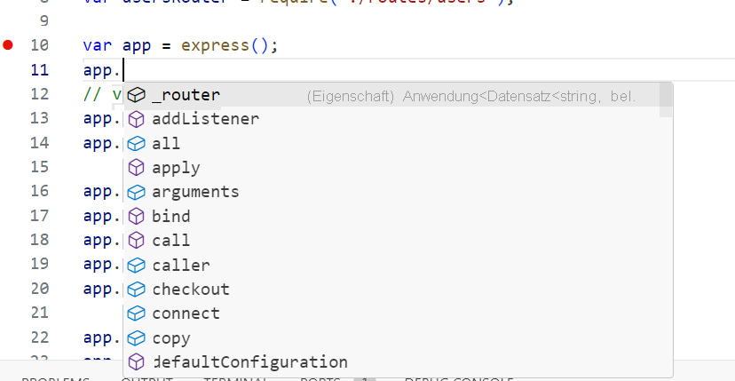 Screenshot, der Intellisense beim Bearbeiten von Code zeigt.