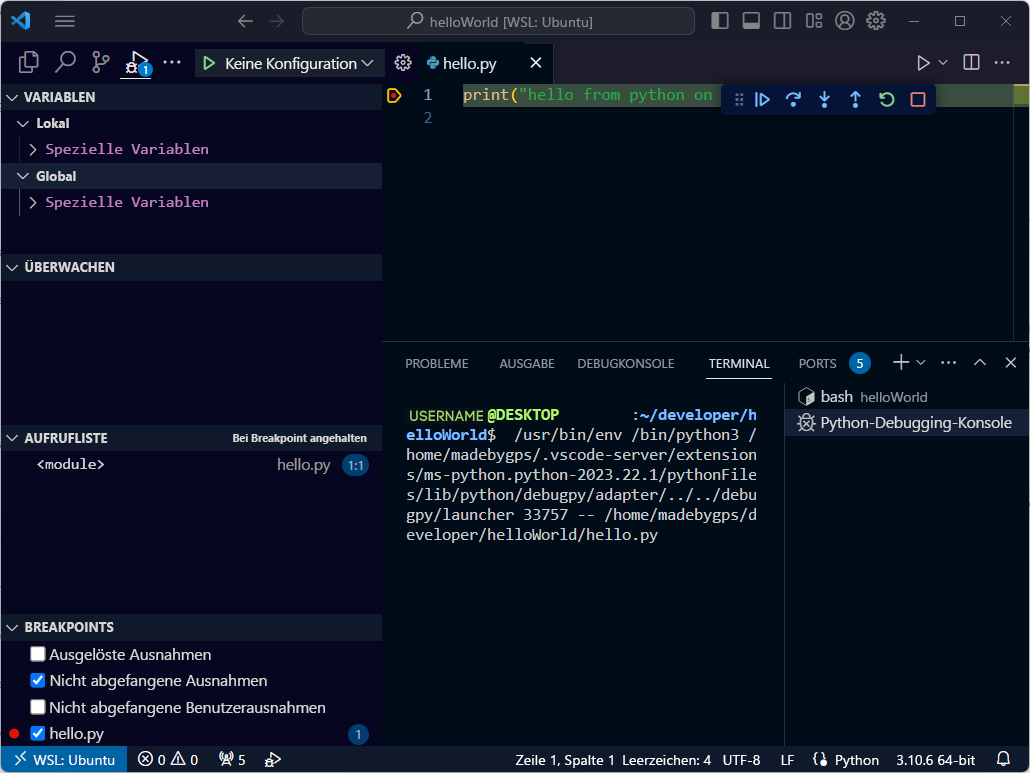 Screenshot: Debuggen des Python-Codes in Visual Studio Code