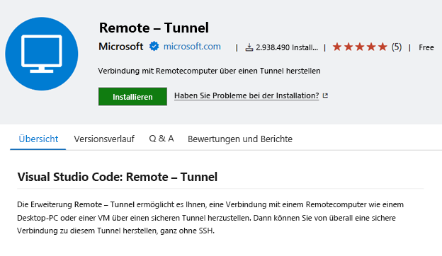Screenshot der Erweiterung VS Code Remote - Tunnels.