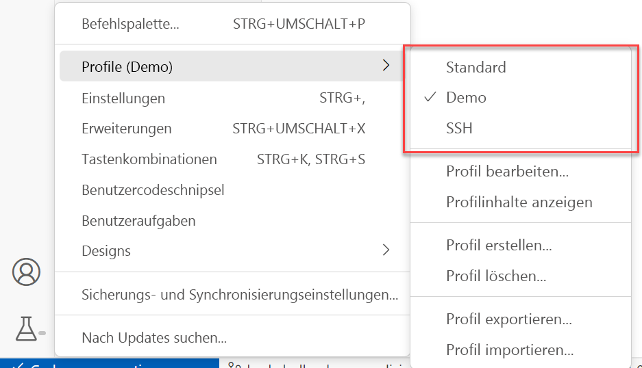 Screenshot des Menübefehls „Profile“ in Visual Studio Code