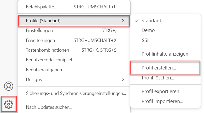 Screenshot des Menübefehls zum Erstellen eines Profils in Visual Studio Code.