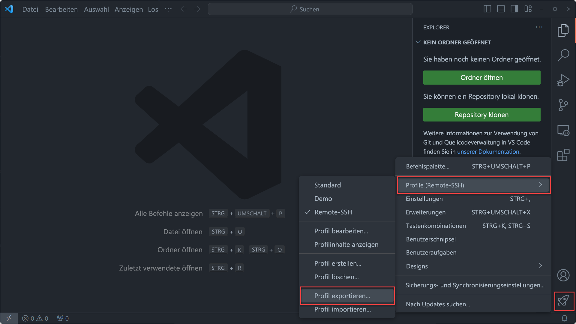 Screenshot des Menübefehls „Profil exportieren“ in Visual Studio Code.