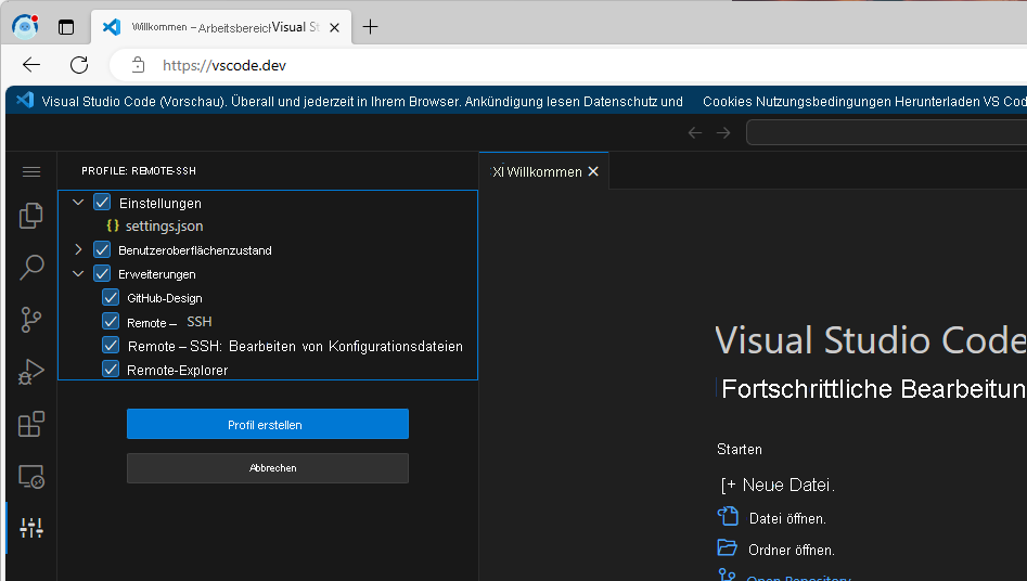Screenshot der Optionen zum Importieren einer Datei in Visual Studio Code.