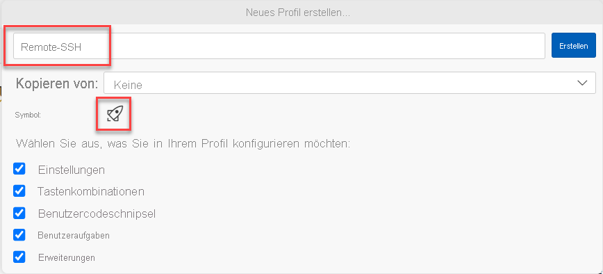 Screenshot der Optionen zum Erstellen eines Profils in Visual Studio Code.