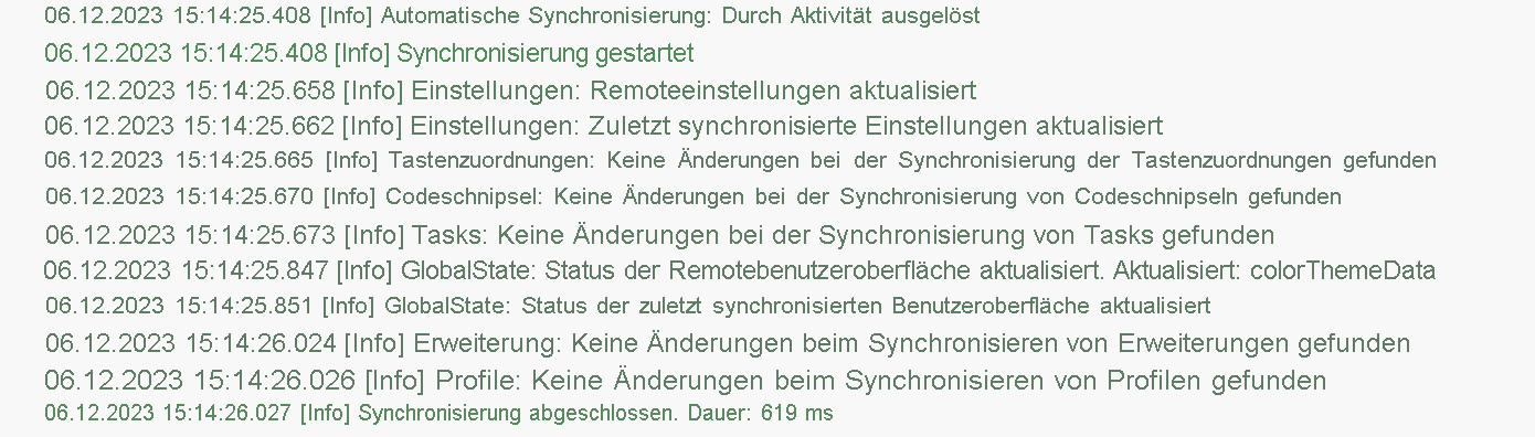 Screenshot des Einstellungssynchronisierungsprotokolls in Visual Studio Code.