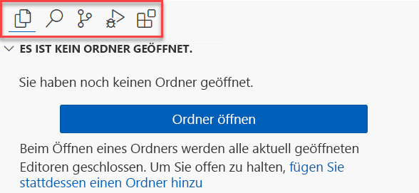Screenshot der Aktivitätsleiste am oberen Rand der Randleiste in Visual Studio Code.