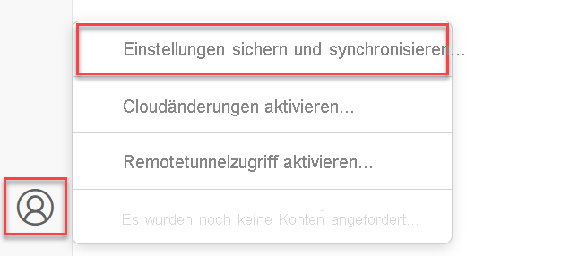 Screenshot des Menübefehls „Sicherungs- und Synchronisierungseinstellungen“ in Visual Studio Code.