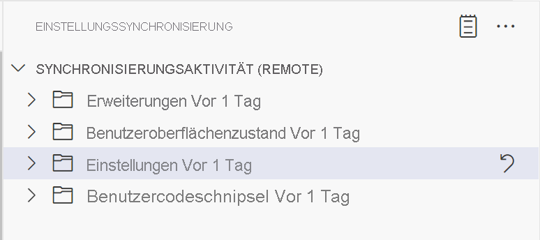 Screenshot der Ansicht der Einstellungssynchronisierungsaktivitäten in Visual Studio Code.