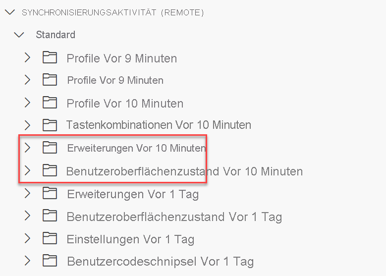 Screenshot der Ansicht der Einstellungssynchronisierungsaktivitäten in VS Code mit hervorgehobenen Ordnern „Erweiterungen” und „Benutzeroberflächenstatus”.