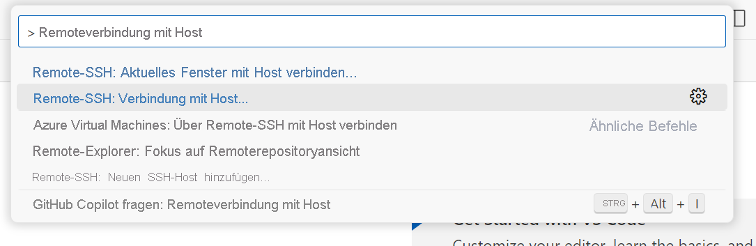 Screenshot der Visual Studio Code-Befehlspalette, die die Option zum Herstellen einer Verbindung mit einem Host zeigt.