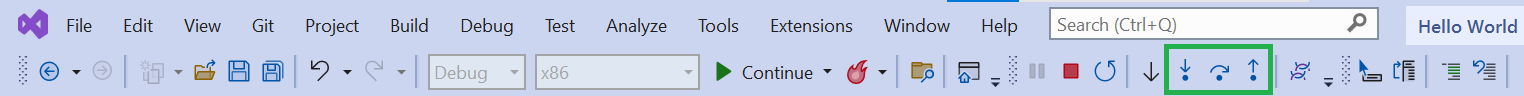 Screenshot of the Visual Studio menu bar. The step into, step over, and step out options are highlighted.