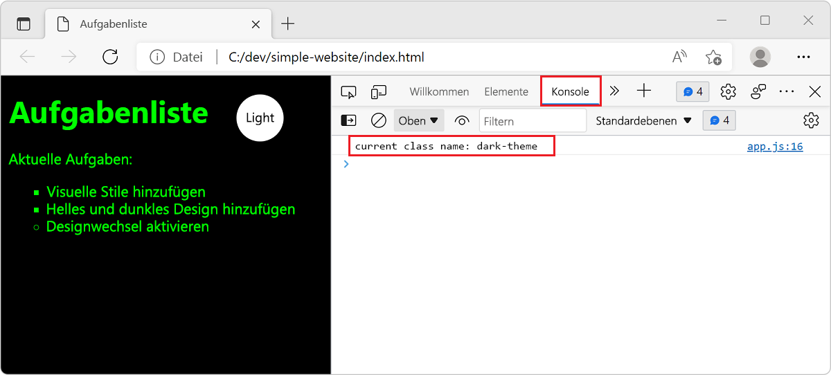 Screenshot of the browser window with the website and the Developer Tools console open showing the console message.