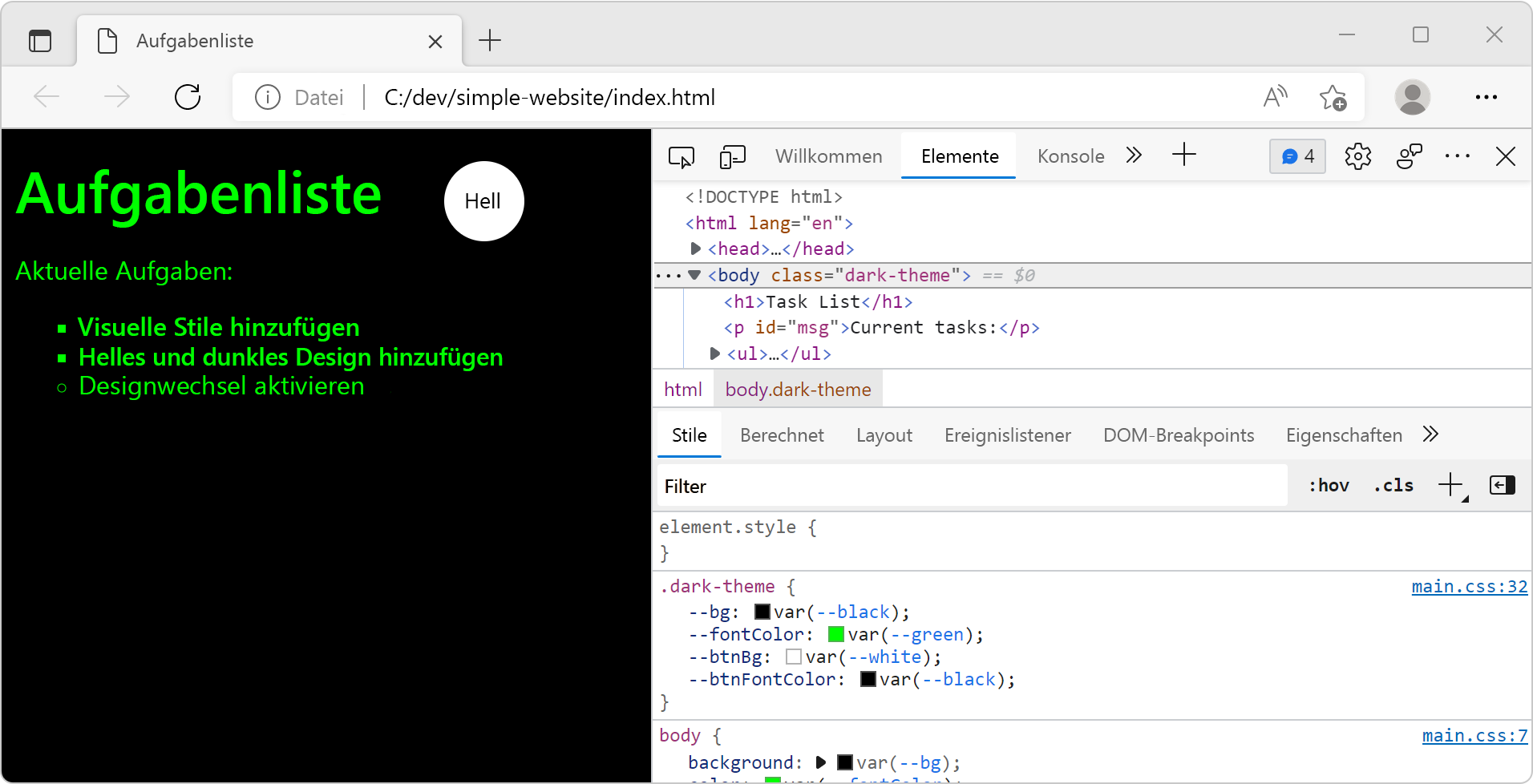 Screenshot of the website after switching to dark theme.