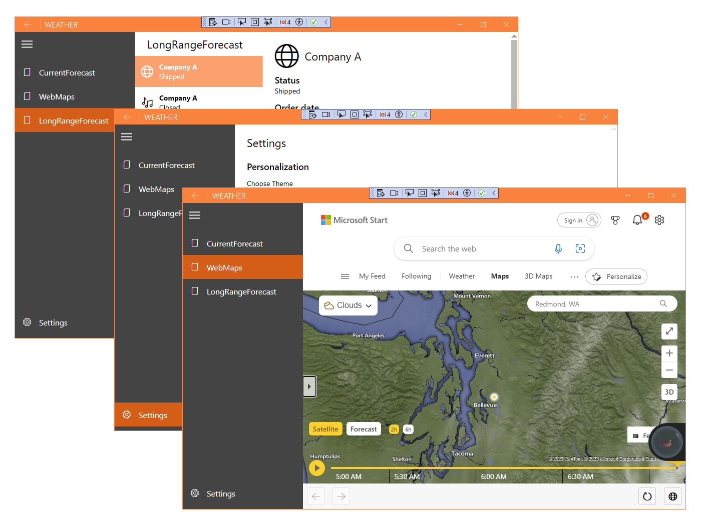 Screenshot that shows the app running with the map, chart, and settings panes displayed.