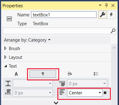 Screenshot that shows the paragraph tab under the Text menu selected, and Center selected as the paragraph justification.