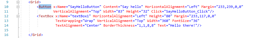 Screenshot that shows an example of the the XAML file, with a Button and TextBox element inside the Grid element. All of the Button and Textbox properties are displayed.