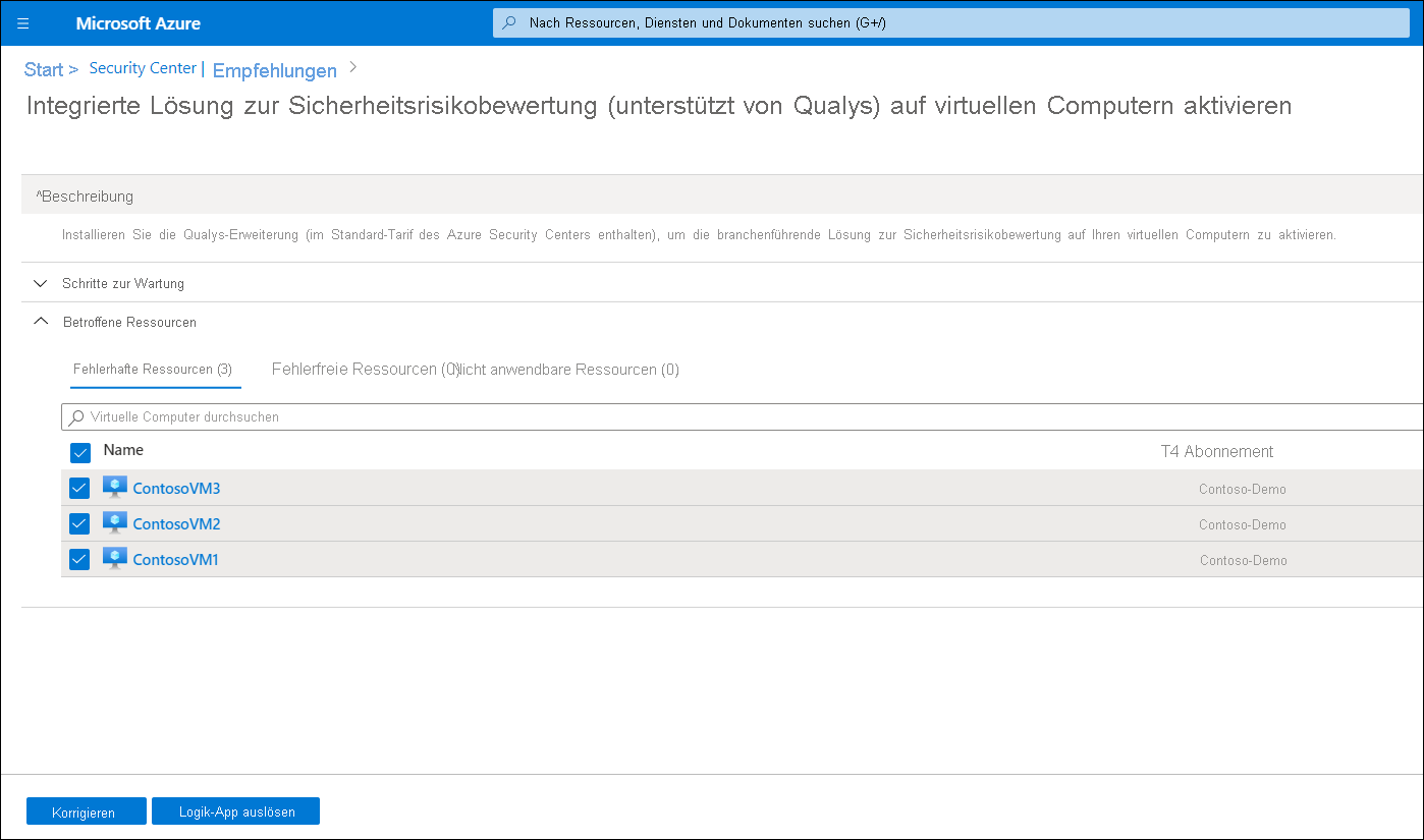 A screenshot of the Enable the built-in vulnerability assessment solution on virtual machines (powered by Qualys) blade. The administrator has selected all available VMs and is about to select Remediate.