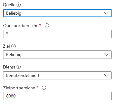 Screenshot, der zeigt, wie Quell- und Zieleinstellungen zum Erstellen einer Sicherheitsregel im Azure-Portal konfiguriert werden.