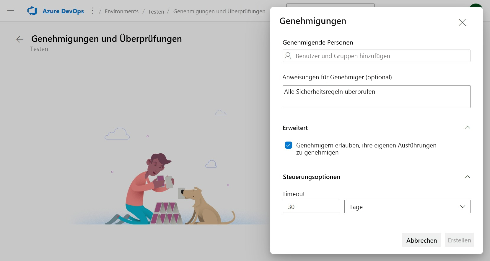 Screenshot von Azure DevOps: Hinzufügen einer neuen Genehmigung zur vorhandenen Testumgebung