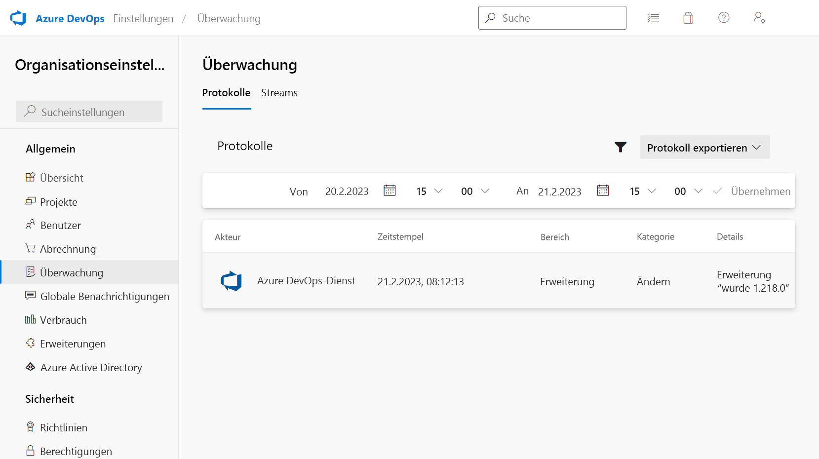 Screenshot of Azure DevOps showing the auditing log under the organization settings.