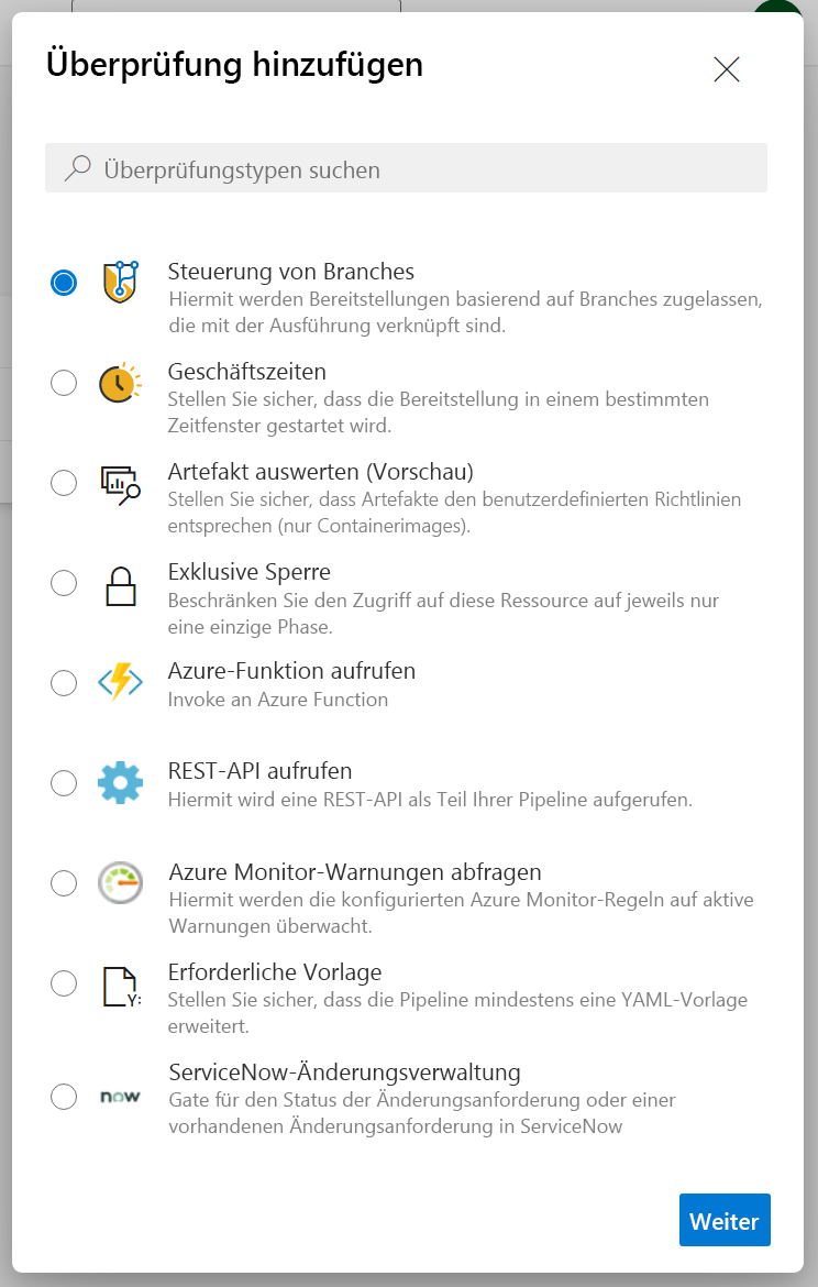 Screenshot von Azure DevOps: Verfügbare Umgebungsüberprüfungen